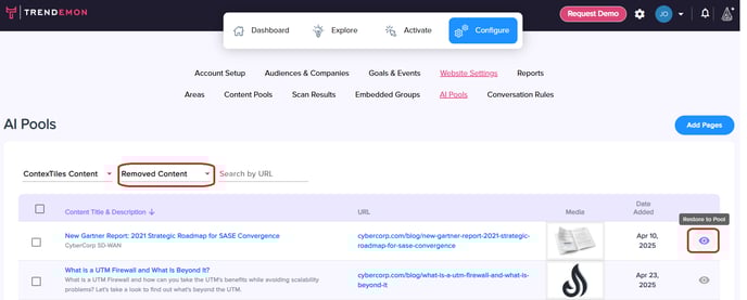contextiles - restore to pool